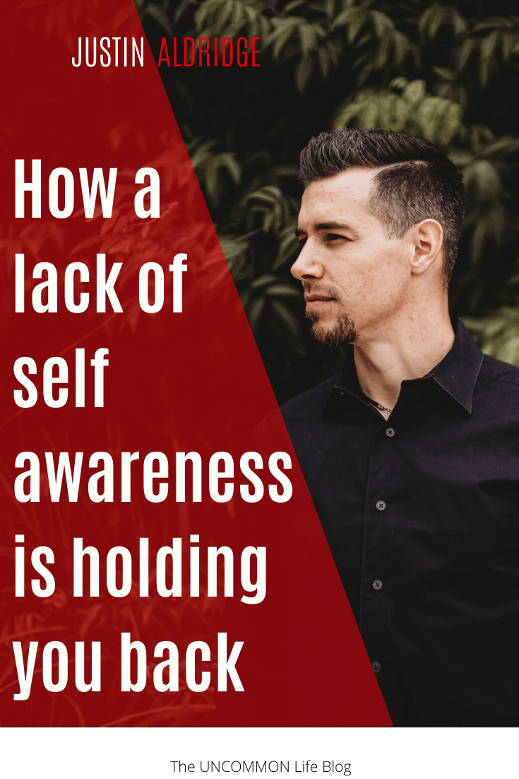 Man in black shirt staring off to the left with the text, "How a lack of self awareness is holding you back" in white text on a red background
