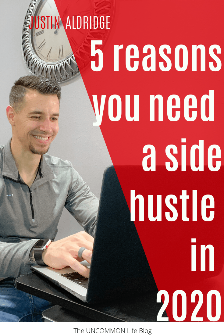 Man smiling and working on his computer with the text "5 reasons your need a side hustle in 2020" in white font on the right side