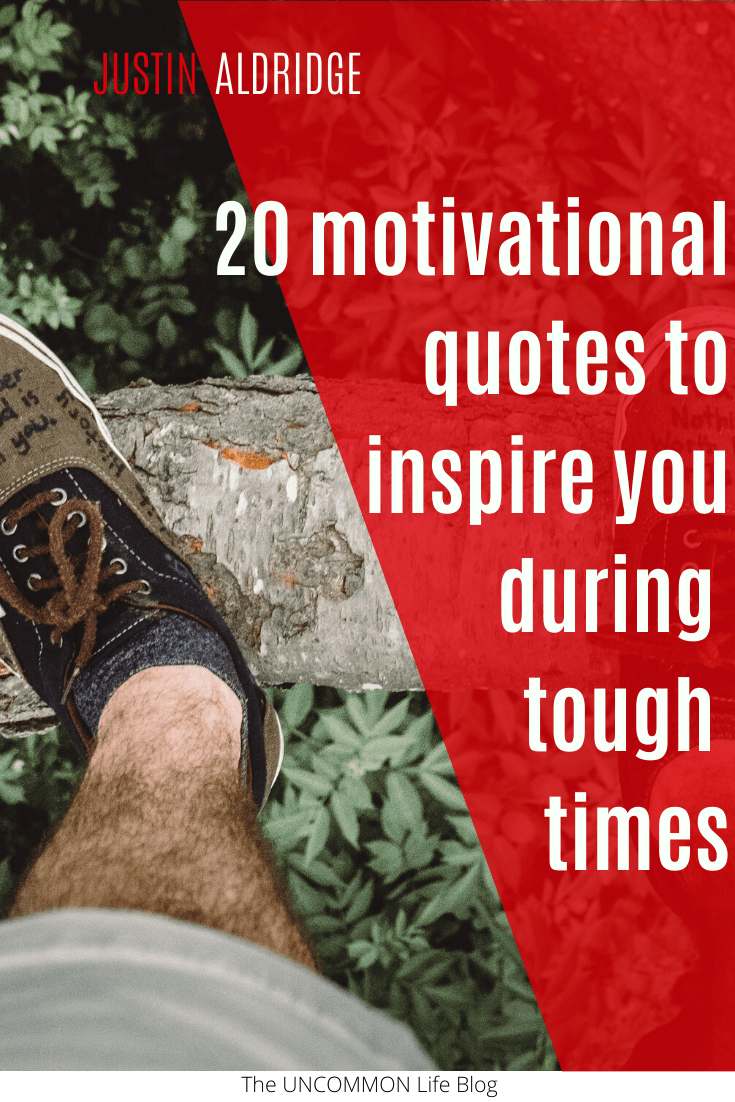 Man standing on the edge of a cliff with the text, "20 Motivational Quotes to inspire you during tough times" in white font on the right side