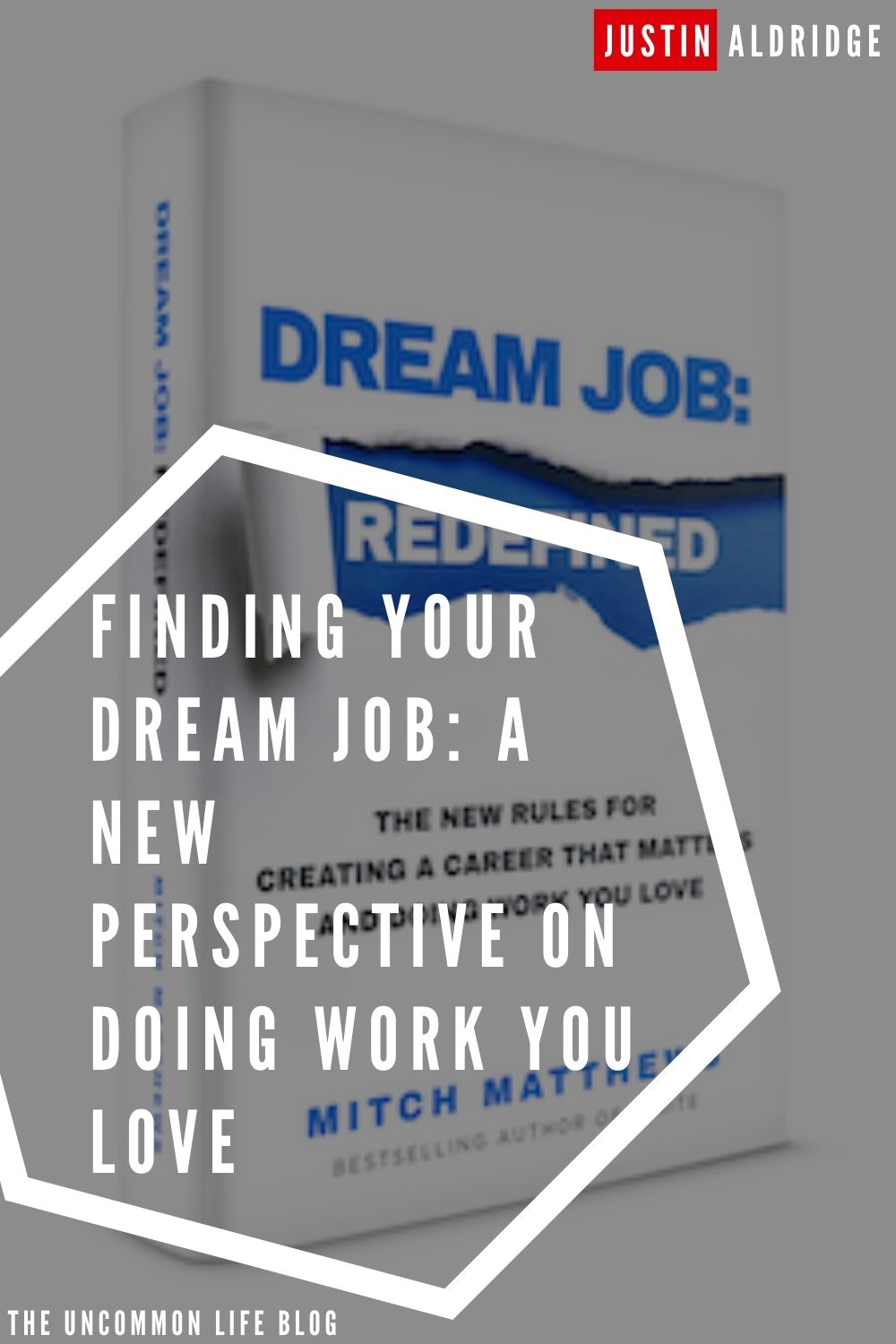 Image of Dream Job Redefined book in the background, behind the text, "Finding your dream job: a new perspective on doing work you love"
